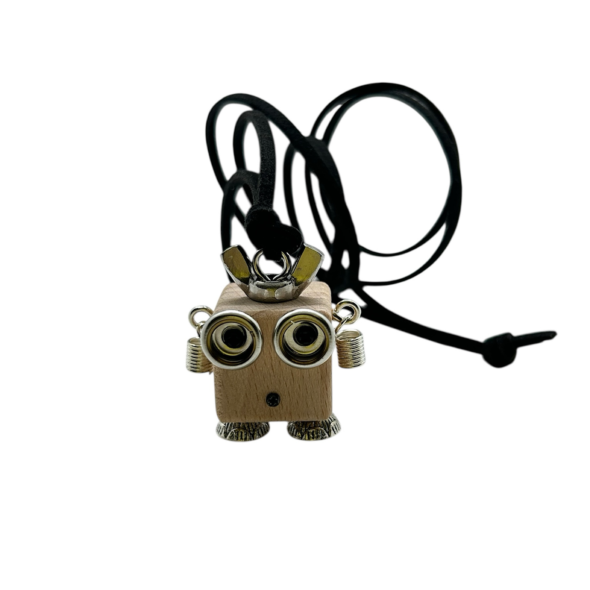 Pendant with leather cord and wooden robot. 